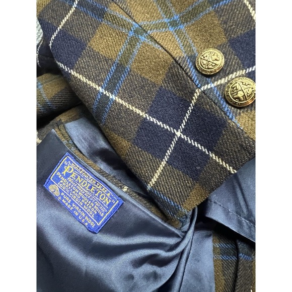Vintage Pendleton Mens Virgin Wool Plaid Coat Jacket Blazer Brass Button 42 Long - Picture 1 of 12